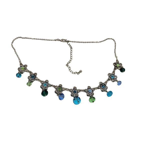 Silver Tone Beaded Pendant Necklace Crystal Charm Statement Necklace Blue Green - Picture 1 of 8